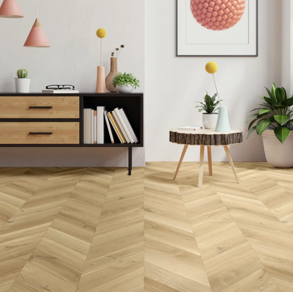 Bright, homely living room with warm oak chevron vinyl flooring from the Boho Bliss range